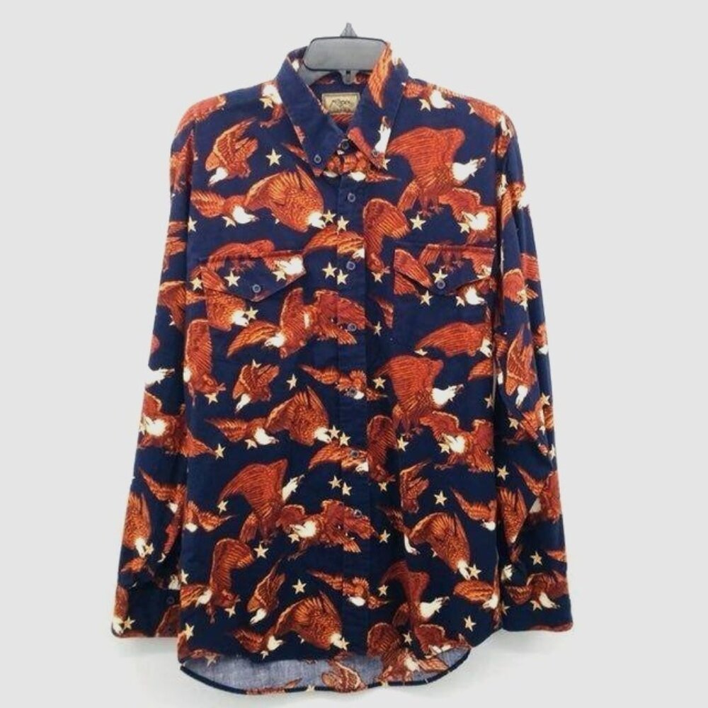 Roper Western Shirt Men’s L Bald Eagle Print Button Down Navy USA Cotton